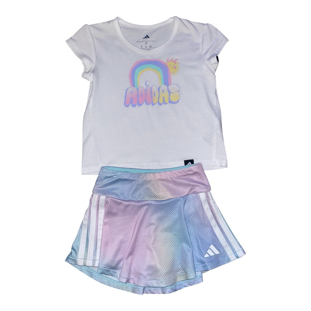 adidas White Rainbow Graphic Tee and Flounce Skort  Set